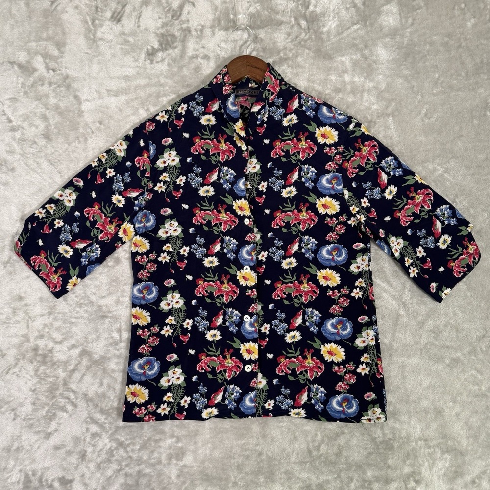 VTG Herman Geist Floral Rayon Blouse Womens 6 Navy Button Front Cottagecore Top